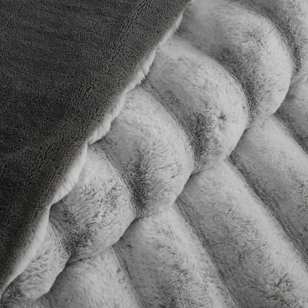 KING FAUX FUR 3 Piece Comforter/Blanket Set - BRAND: FRYE - GREY/WHITE …